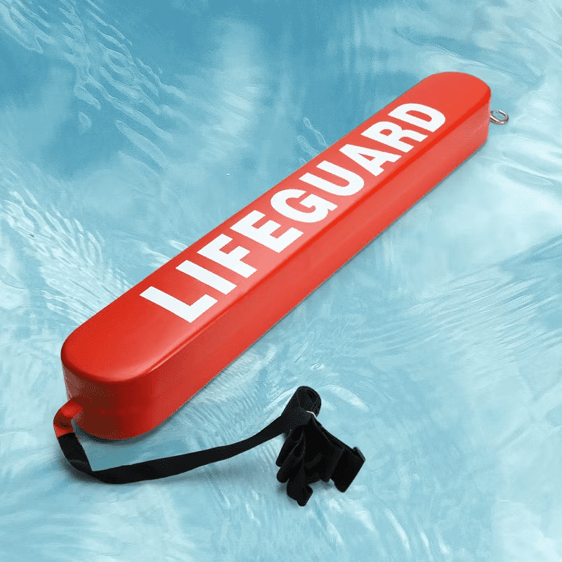 closeup red GUARD rescue tube strap on pool edge